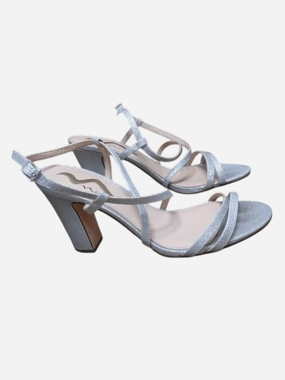 Nina Silver Glitter Block Heel Sandals - Women's Strappy Dress Shoes Sz 10M